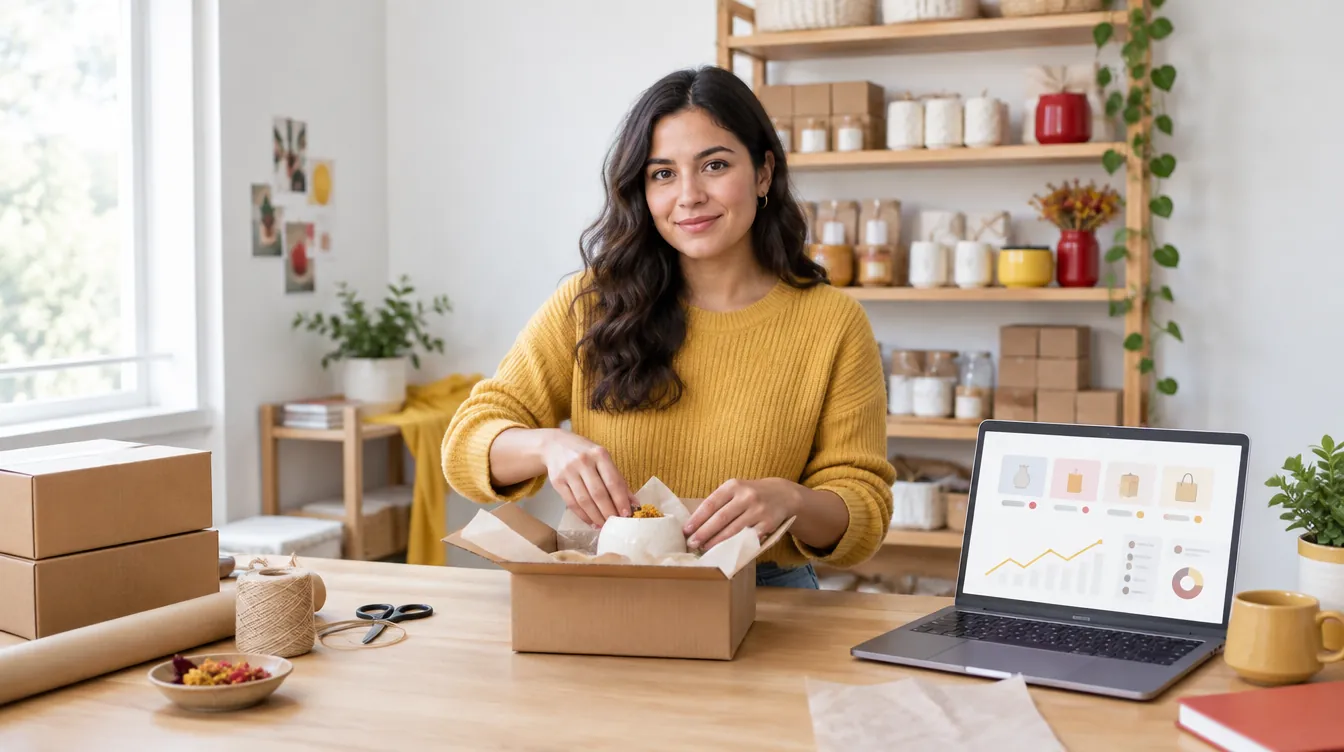 An entrepreneur packs an order in her studio while her online store dashboard on the computer shows orders and sales.