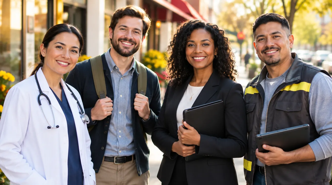 Four independent professionals (a doctor, a teacher, a lawyer and a warehouse owner) smile together in front of small businesses.