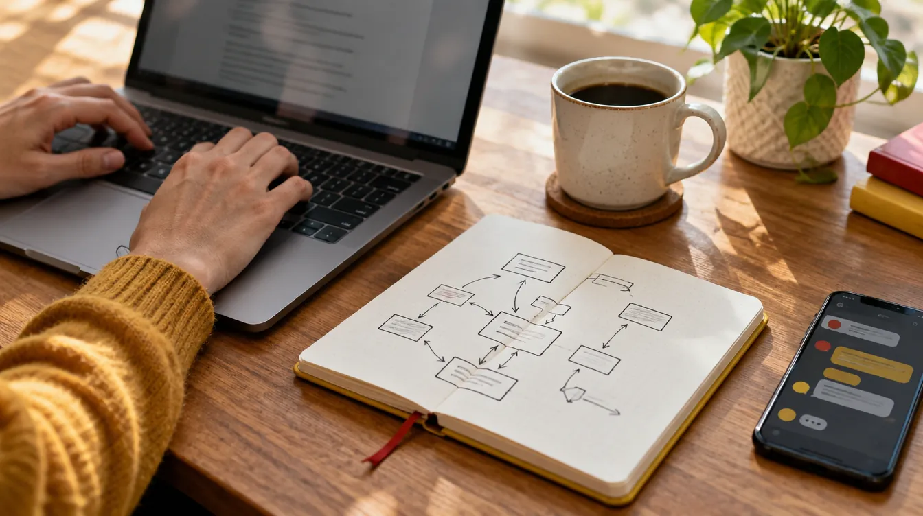 Hands typing on a computer next to a notebook with a hand-drawn diagram of boxes and arrows.