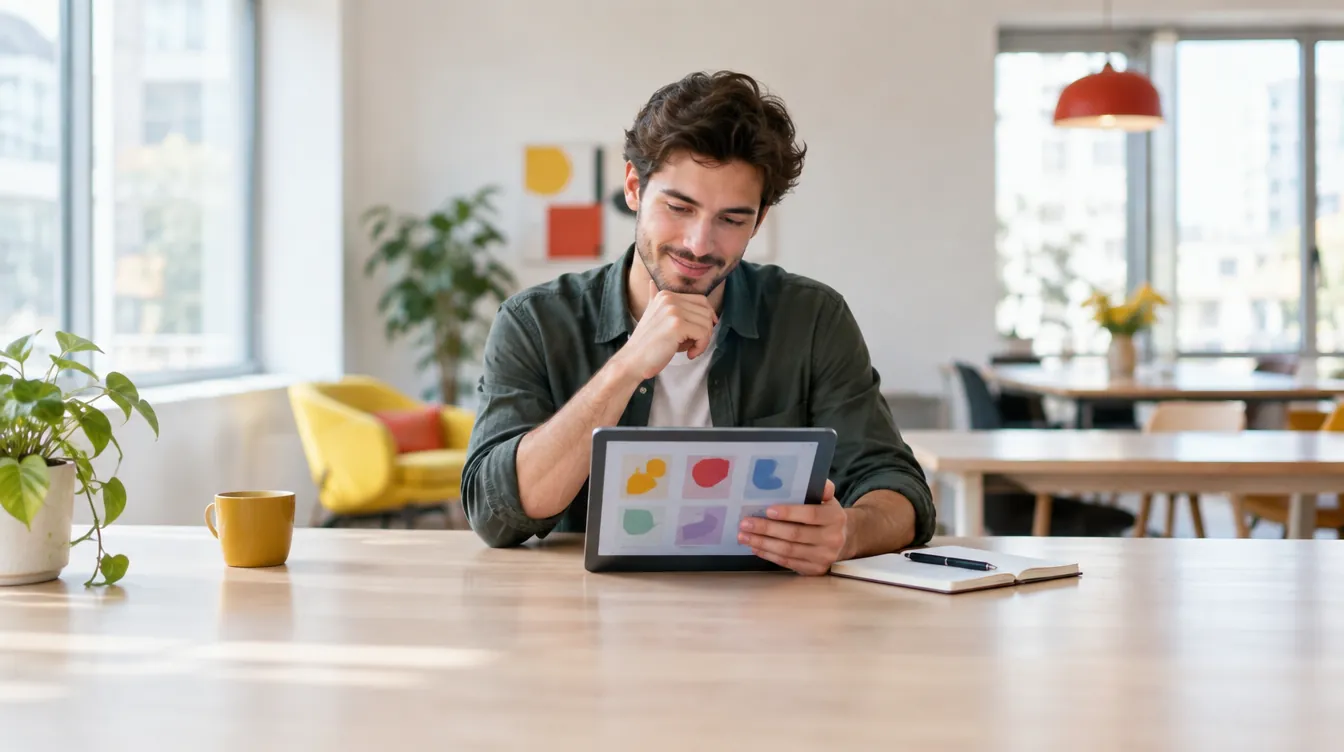 Un emprendedor compara opciones en una tableta, sentado a una mesa de coworking.