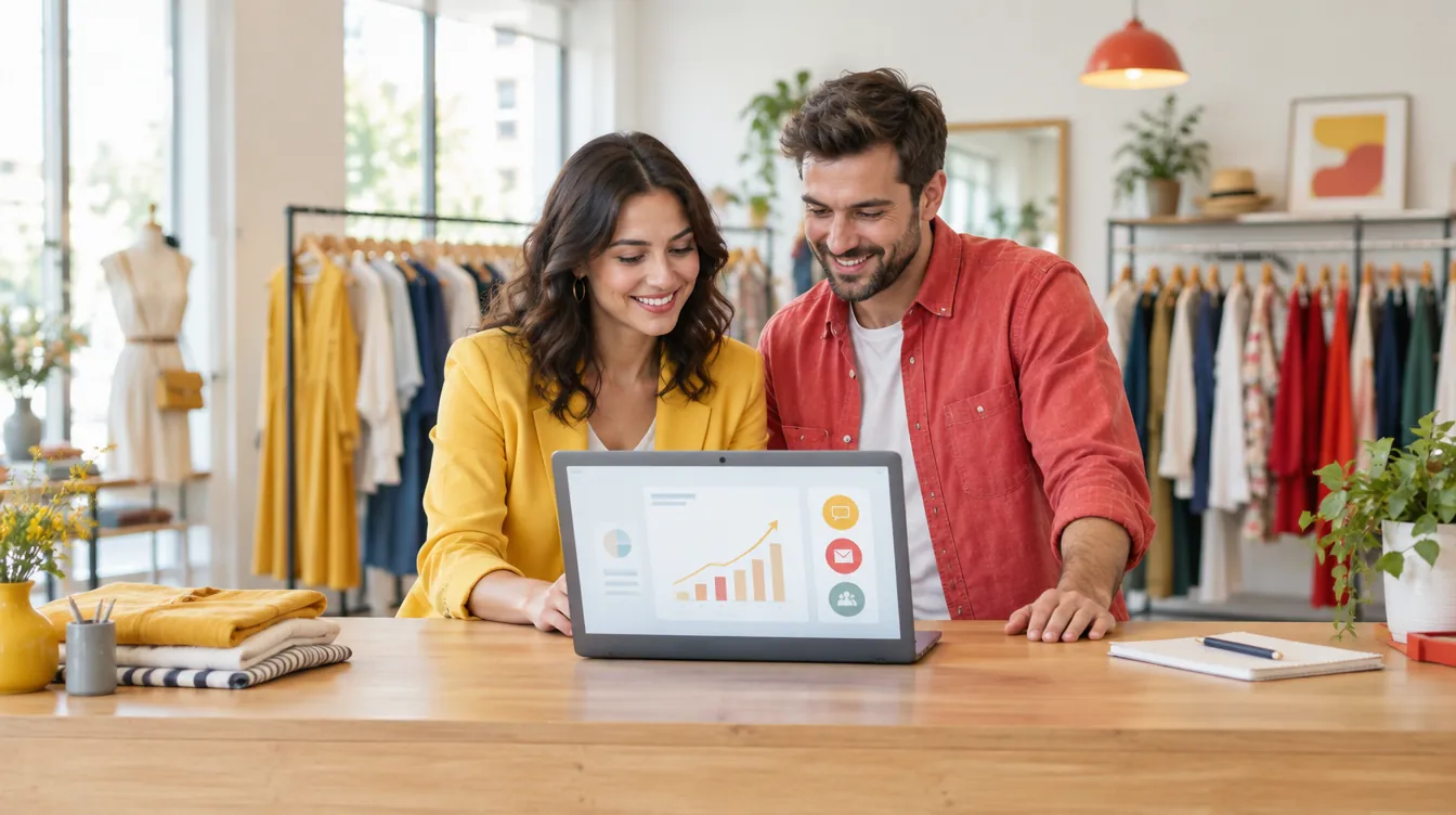 Two boutique partners look together at a sales dashboard with a rising chart on a computer.