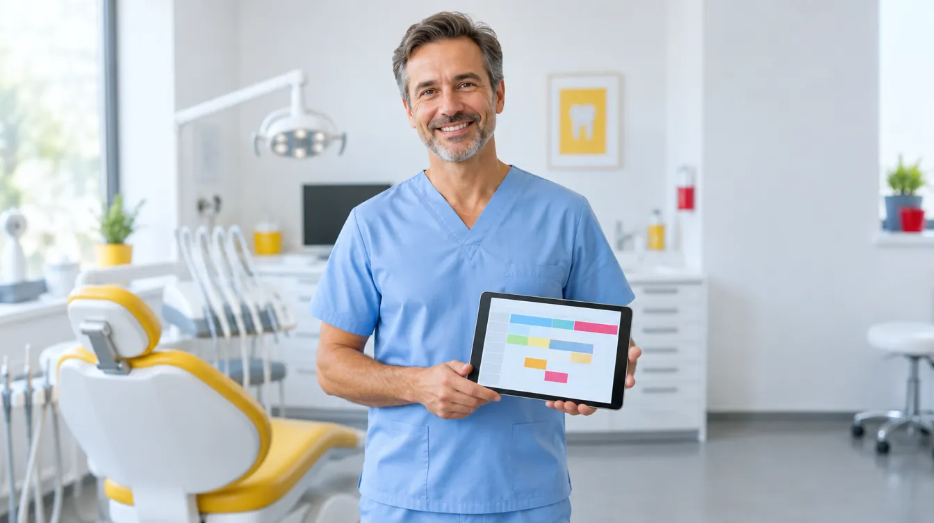 A dentist, standing next to the dental chair, shows a color-coded appointment schedule on his tablet.