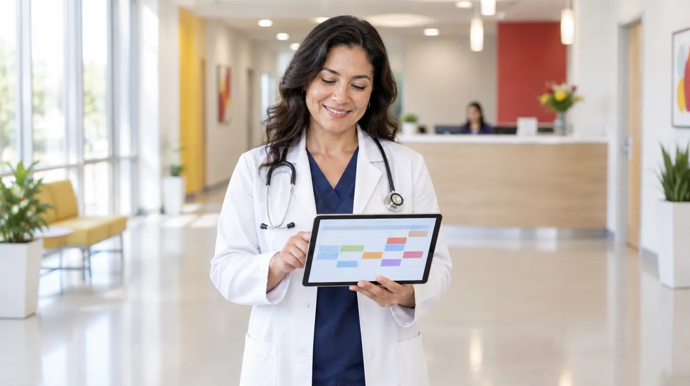 A doctor in a white coat checks a color-coded appointment schedule on her tablet, in a clinic hallway.
