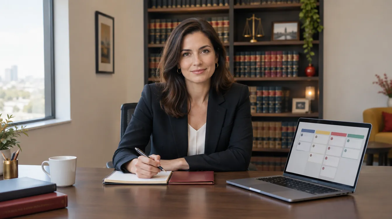 A lawyer in her office, with law books behind her and a computer showing customer inquiries organized in columns.