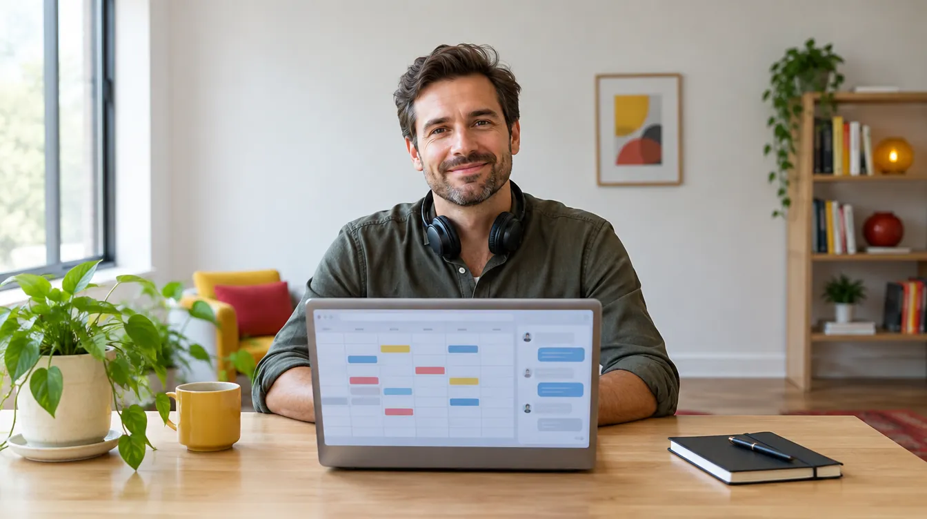 An online consultant takes a video call; his computer shows a calendar with booked appointments and a chat.