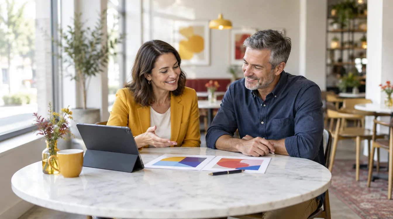 An advisor and a business owner review a written proposal, on a tablet and on paper, seated at a table.