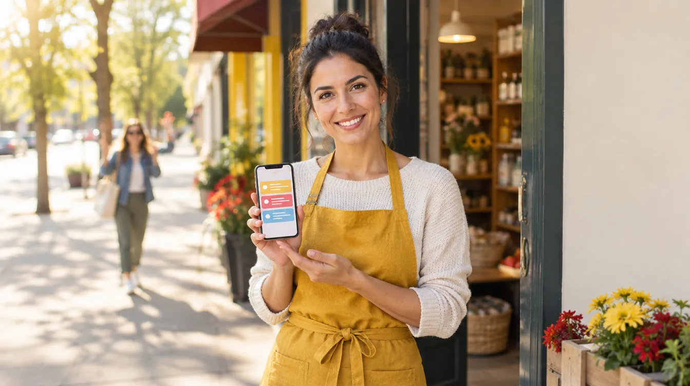 The owner of a neighborhood shop, standing at the door of her store, shows the notifications for her orders on her phone.