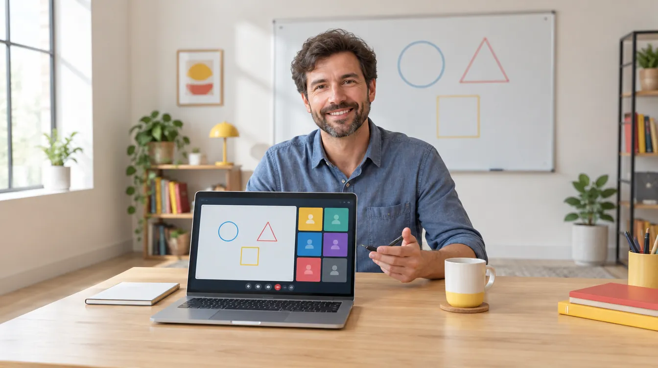 A teacher gives an online class from his desk; the computer shows tiles of his students and a shared whiteboard.