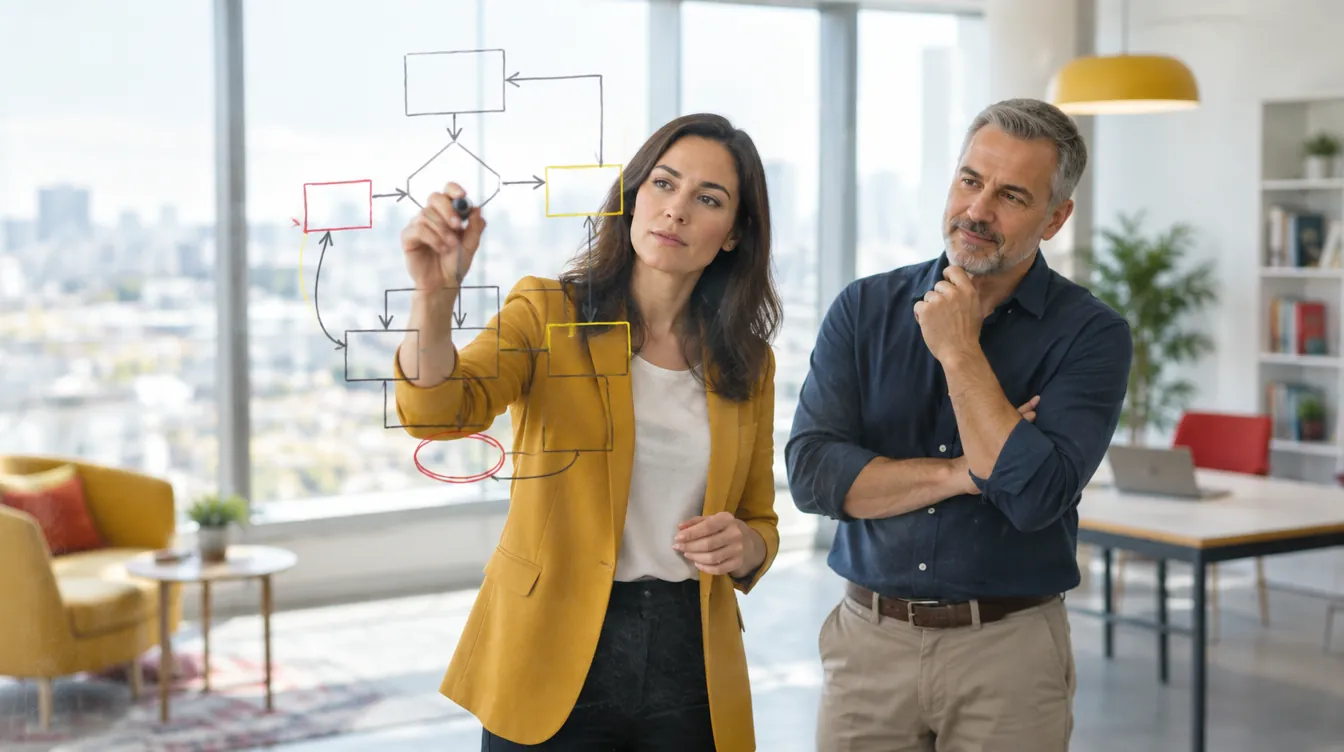 A designer draws a system diagram with boxes and arrows on a glass wall while a business owner watches.