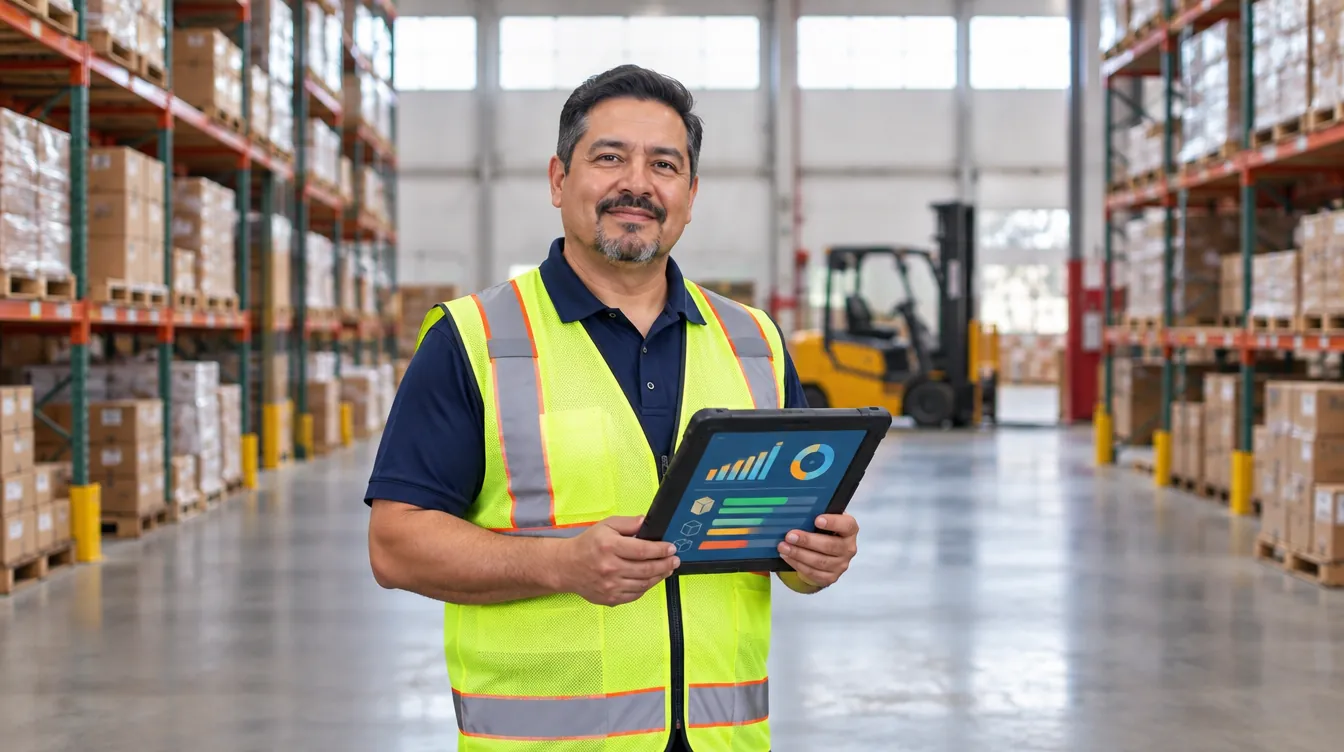 The owner of a wholesale distribution warehouse holds a tablet with an inventory dashboard, among shelves with boxes.